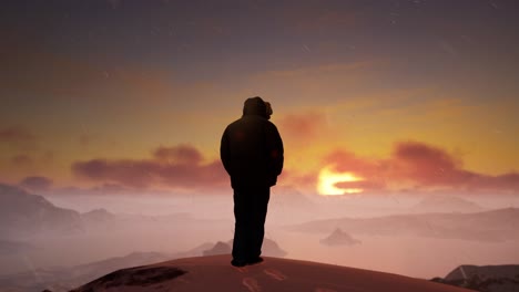 a person standing on top of a snow covered mountain with a sunset in the background. cold snowy landscape aerial view, unreal 4k a screenshot