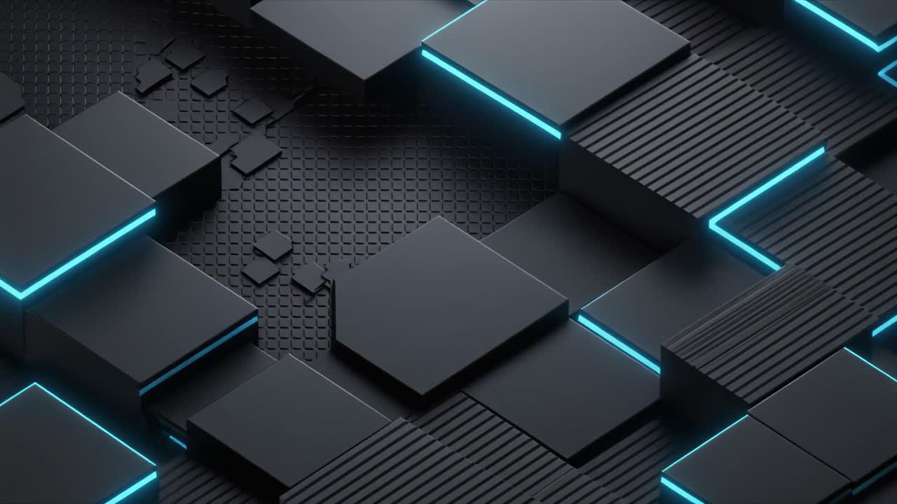 Dynamic Abstract Animation of Black Geometric Shapes with Blue Neon Glow