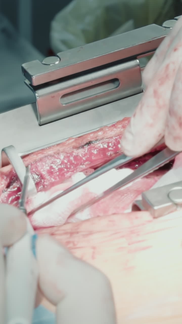 il medico mostra competenza durante l'intervento chirurgico. il chirurgo usa la pinza per maneggiare la spugna durante un meticoloso bypass coronarico in sala operatoria della clinica