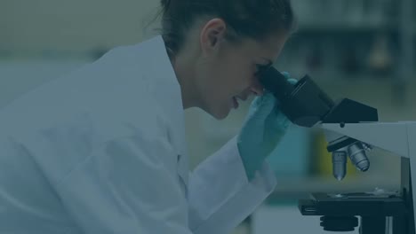 animación de moléculas sobre el científico caucásico en el laboratorio