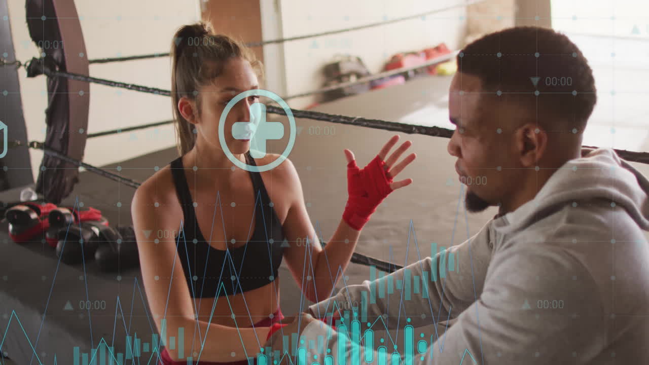animación de análisis de datos sobre dos atletas discutiendo en el ring de boxeo