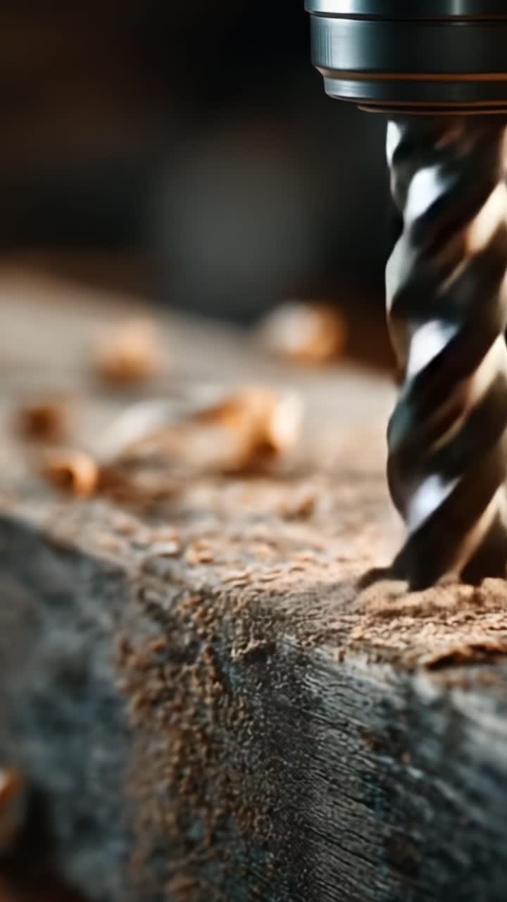 Primo piano di un processo artigianale: Punta da trapano ad alta precisione impegnata nel legno, catturando le complessità del taglio del metallo e i trucioli di legno che volano intorno