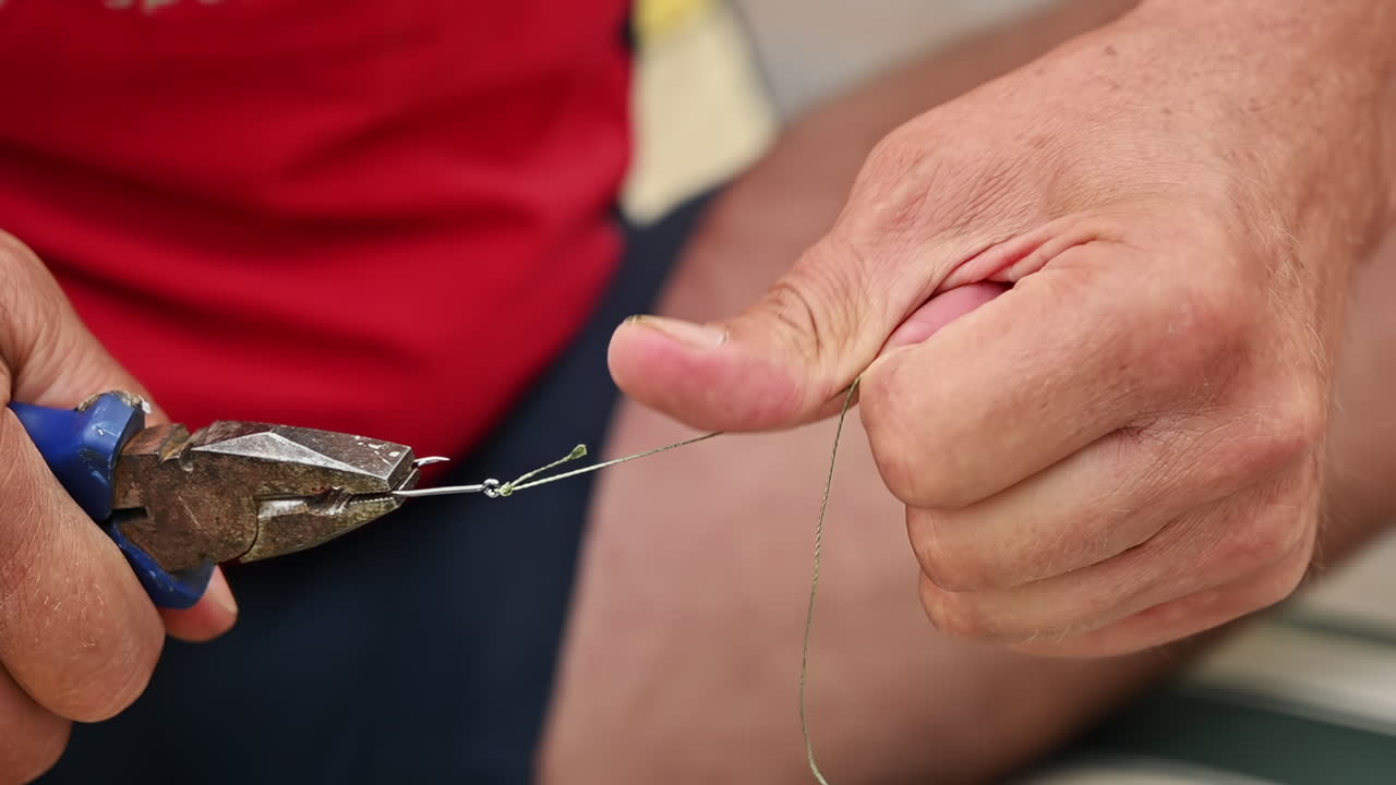 Close up of a man's hands as he carefully ties a fishing hook using pliers and wire