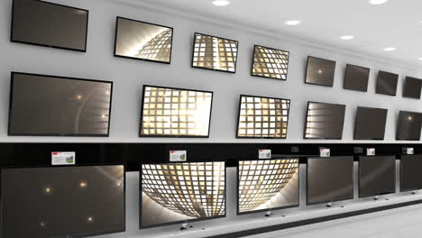 interior of electronics store with synchronized video playing on screens of multiple televisions