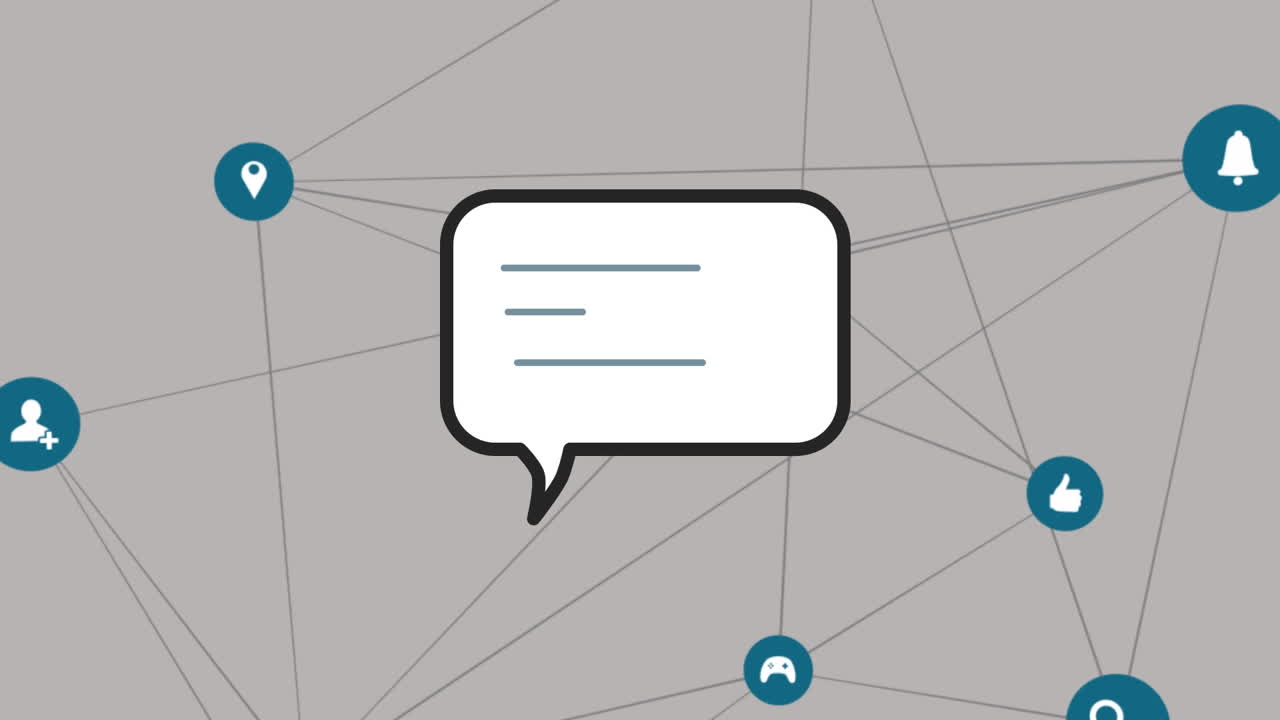 animación de la red de conexiones con iconos de redes sociales y burbuja de habla en fondo gris