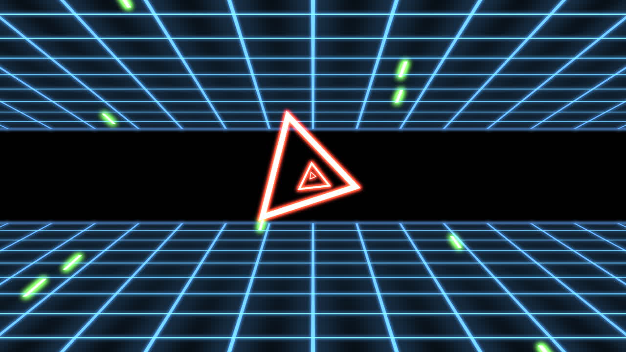 Retro neon red triangles with blue grid in dark galaxy