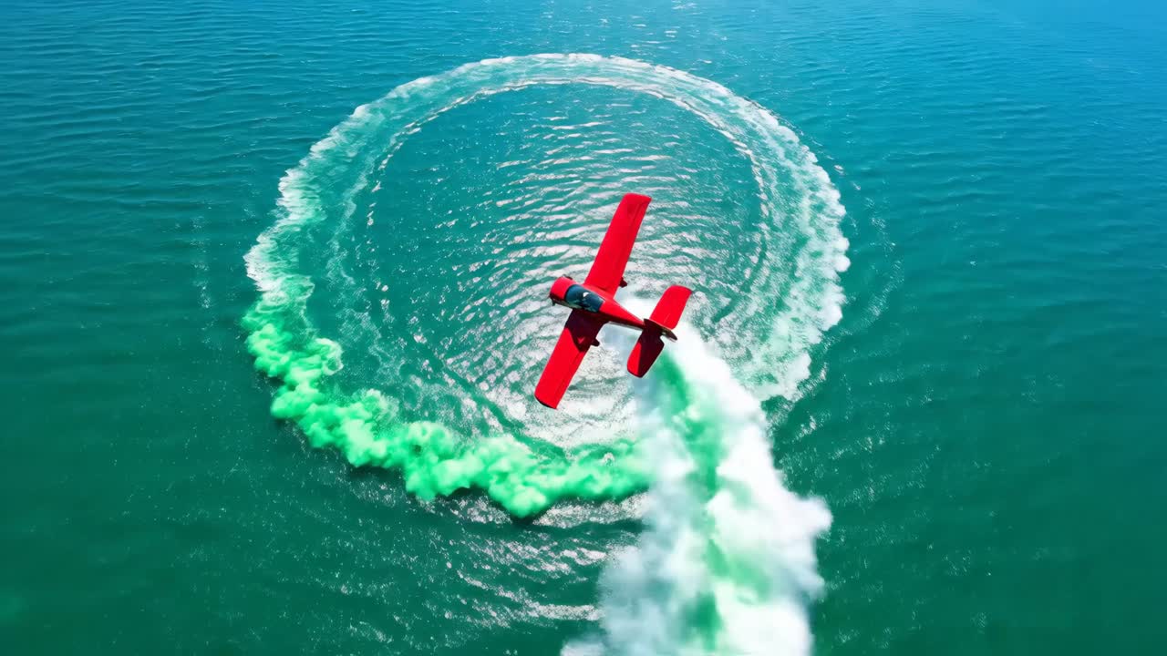 Red Stunt Plane Performing Aerobatics Over Water