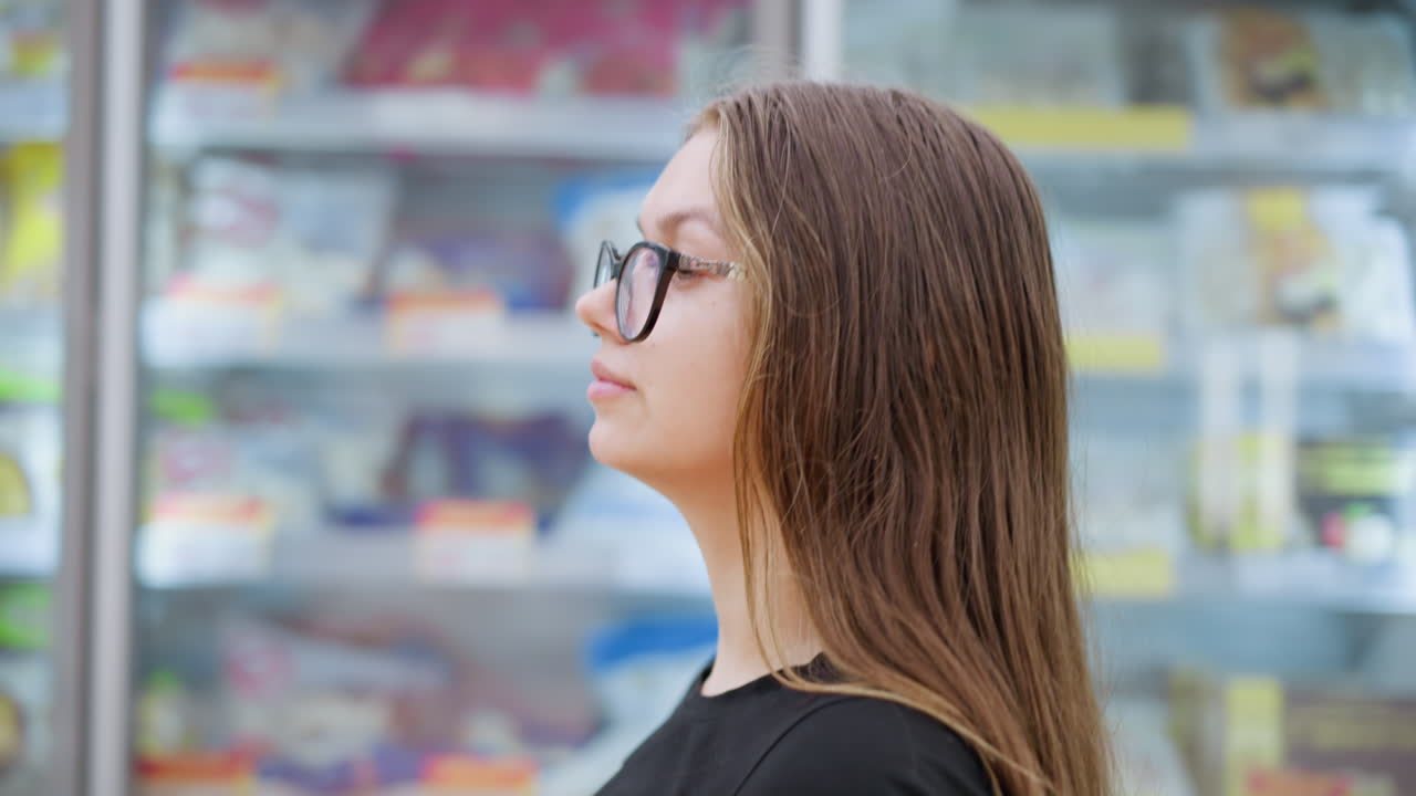 vista lateral de primer plano de una mujer con camiseta negra y gafas caminando en el centro comercial, mirando a su derecha a las mercancías expuestas detrás del vidrio, la iluminación brillante y la expresión enfocada mejoran su experiencia de compra