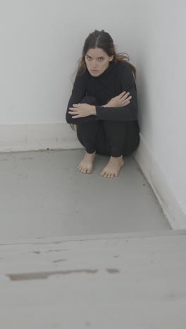 woman crouching in a corner in distress