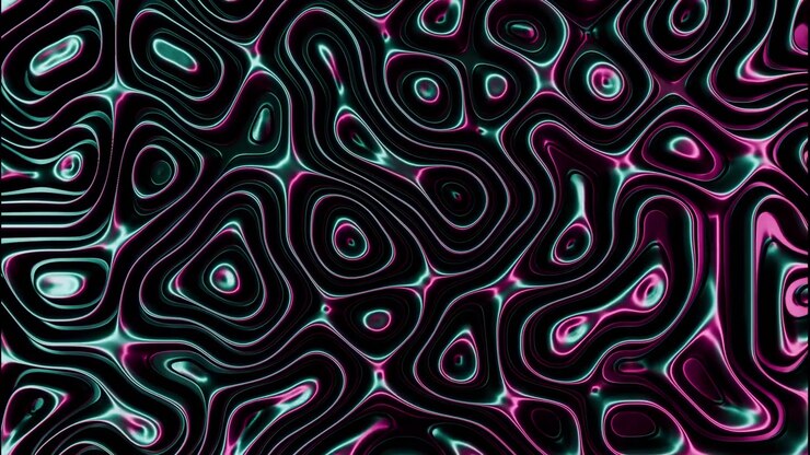 Cena panorâmica frontal com contornos concêntricos em camadas e formas orgânicas semelhantes a células que se estendem por todo o quadro, onde os destaques em azul-petróleo e magenta criam reflexos mutáveis, profundidade fluida e
