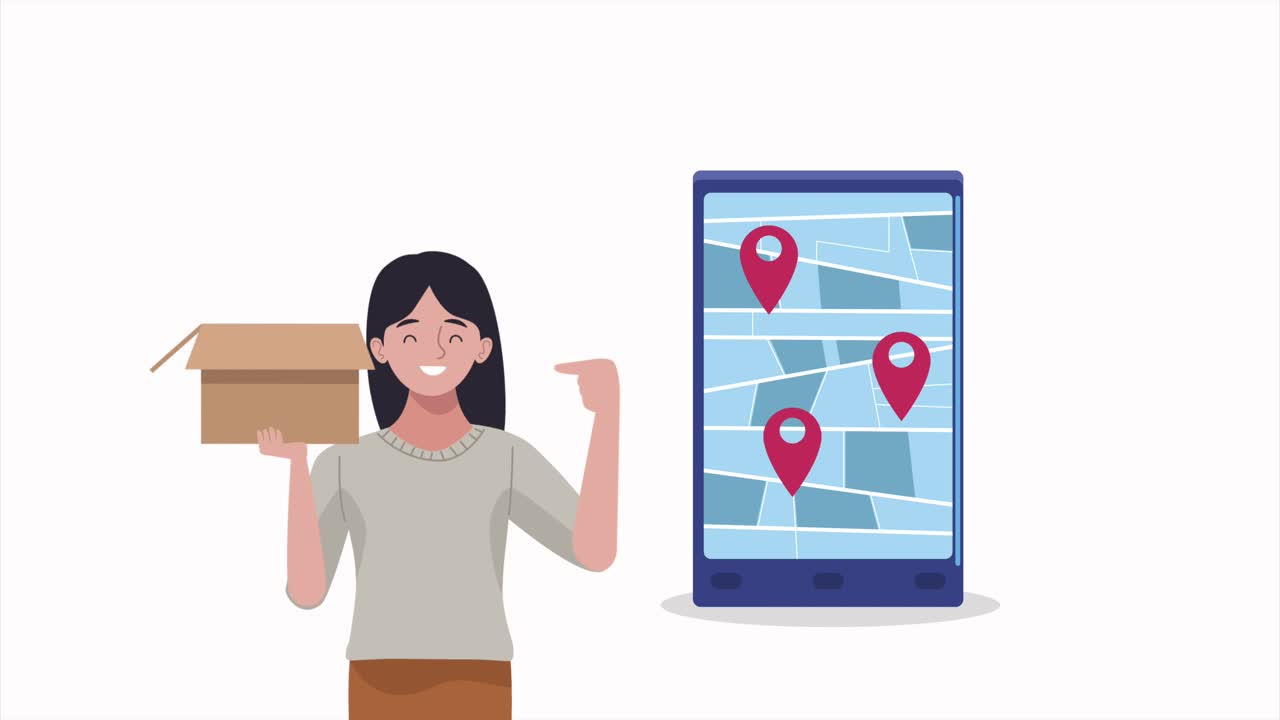 mujer levantando una caja de cartón con un teléfono inteligente