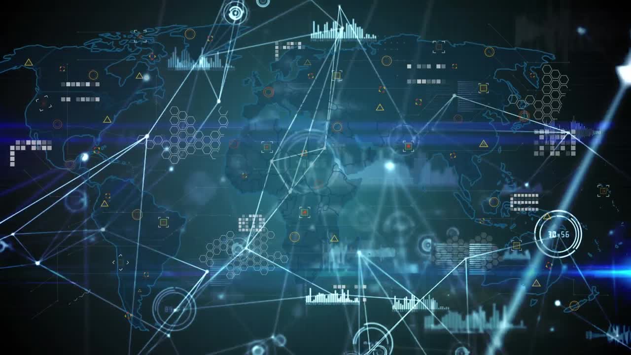 연결 네트워크, 데이터 처리 및 세계 지도에 대한 빛 트레일의 애니메이션