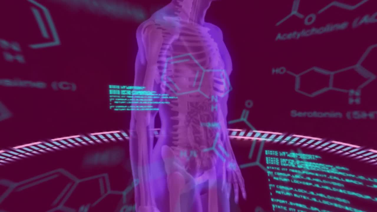 анимация химических формул и обработка данных над вращающимся человеческим телом