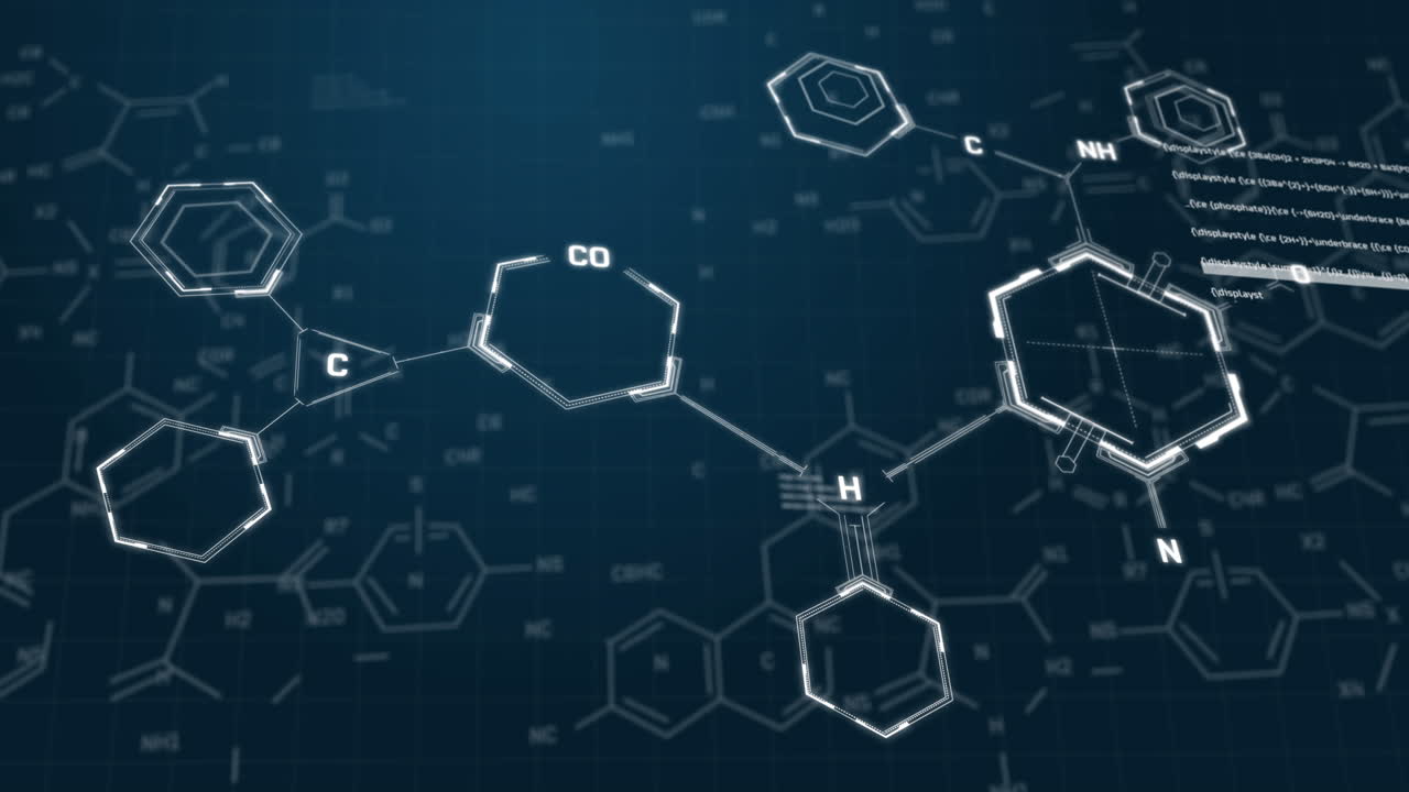 Animation of chemical formula structures and data moving on blue background