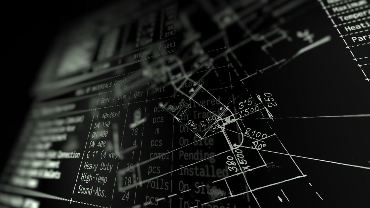 Cetak biru teknis futuristik dan lembar data spesifikasi teknik menampilkan grafis CAD. Aset UI yang sempurna untuk desain industri, teknologi konstruksi, dan video arsitektur