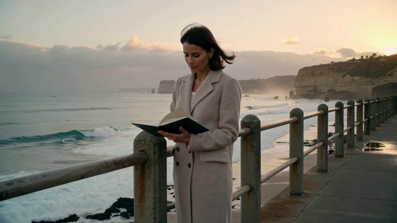 Sole basso che illumina le scogliere, donna con cappotto color cuoio che sfoglia un diario controllando gli appunti sul lungomare, con spazio per il testo.