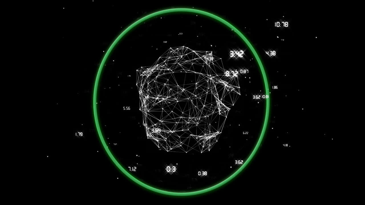3D network sphere with data points animation inside green circle on black background