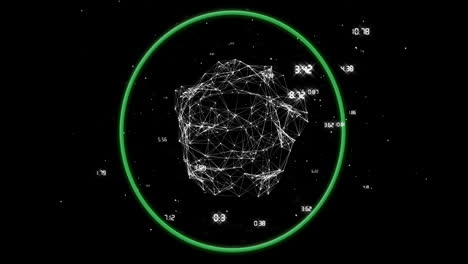 3d network sphere with data points animation inside green circle on black background
