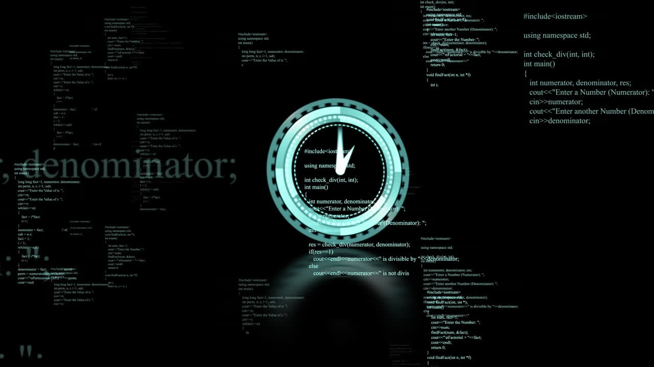 animación del procesamiento de datos y el tic-tac del reloj sobre fondo oscuro
