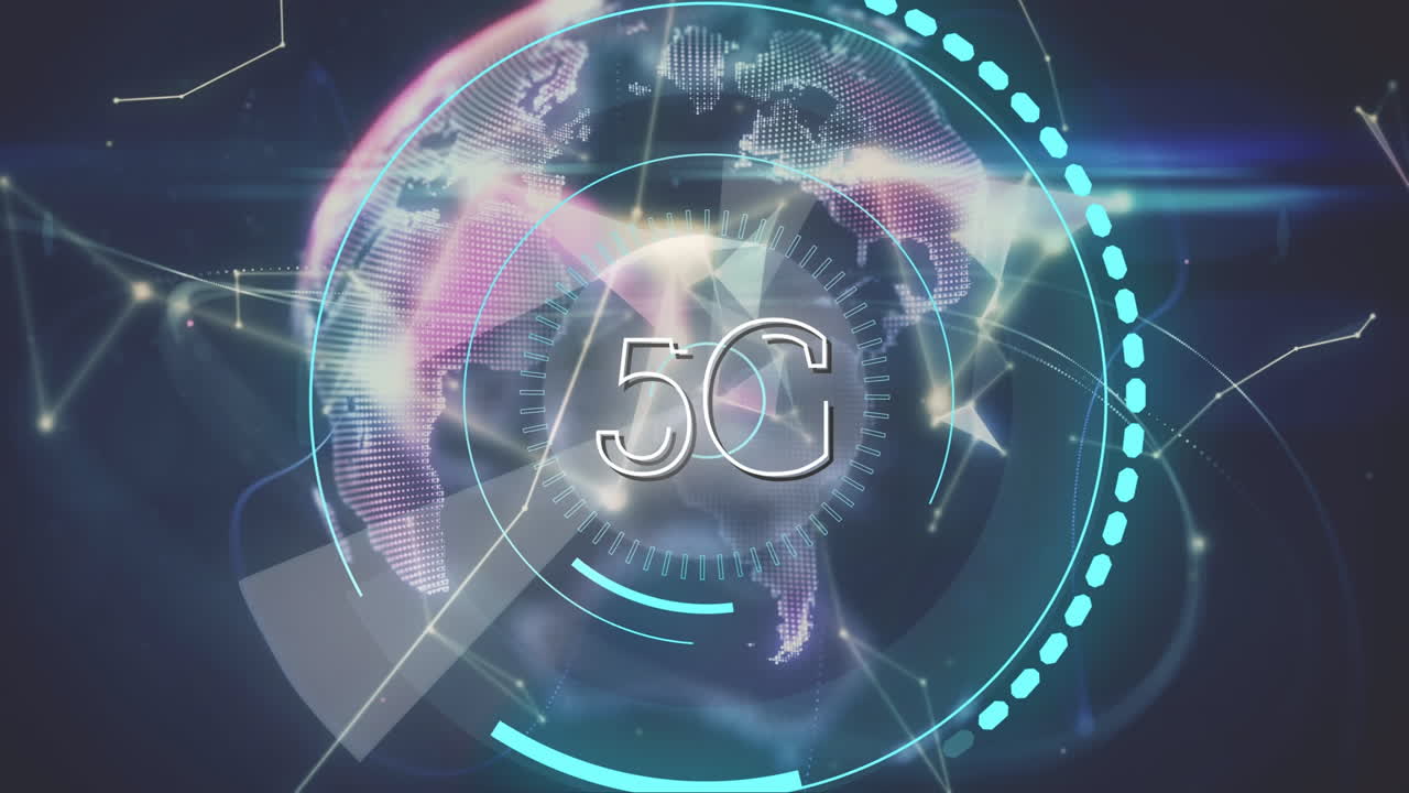animación de 5g y procesamiento de escáner sobre el globo y redes en fondo oscuro