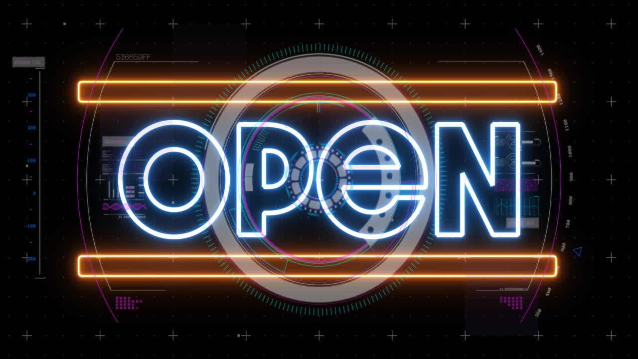 Animation of the word open in white neon with circular scope digital interface on black background