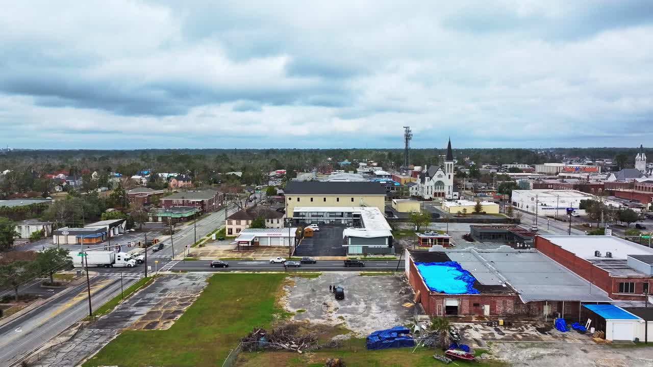 Downtown Valdosta During Cloudy Day In Lowndes County, Southern Georgia, United States. Aerial Drone Shot