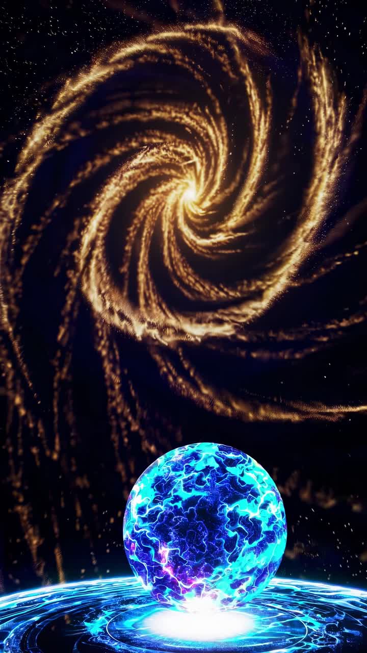 Colorful cosmic energy sphere pulsating with electricity, radiating light and power, positioned near a mesmerizing swirling galaxy, creating a captivating celestial scene