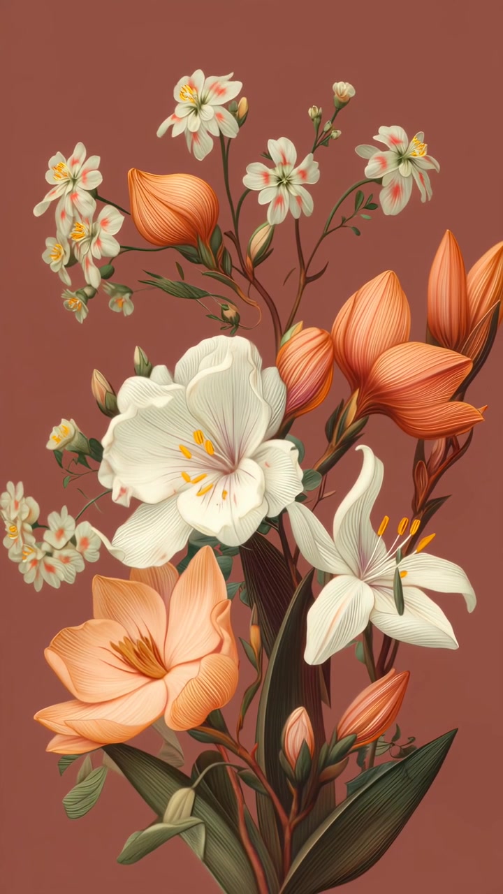 Elegante illustrazione botanica di fiori bianchi e color pesca su sfondo terracotta