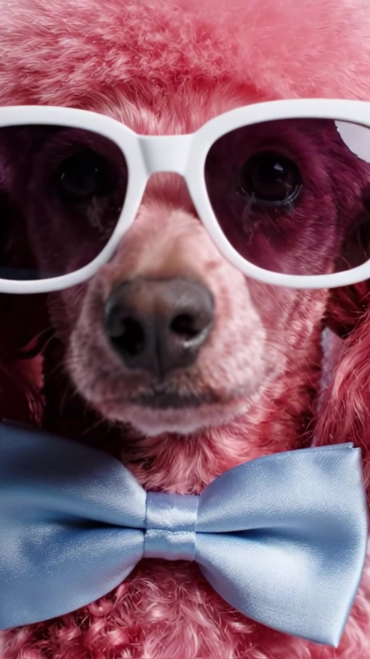 A Stylish Pink Poodle Wearing Sunglasses and a Bow Tie, Captured in a Vibrant Blue Background, Showcasing Its Fashionable Look and Playful Charm.