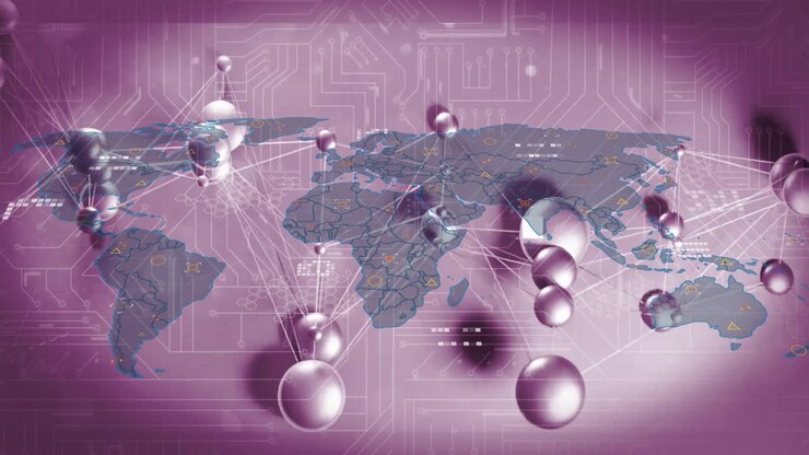 Global network connections and data processing animation over world map
