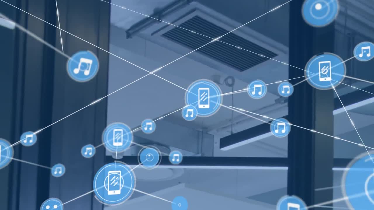 오피스 위의 아이콘과 연결 네트워크의 애니메이션