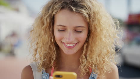 smartphone, city and young woman with website