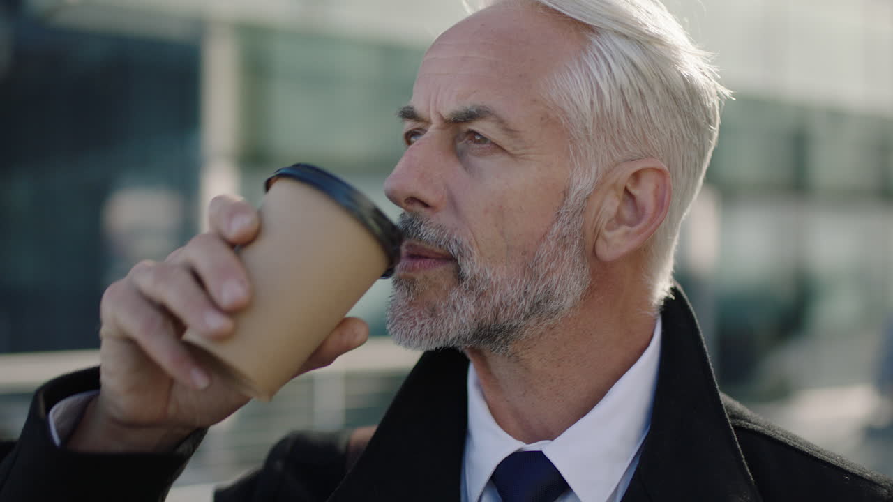 커피를 마시고 기다리는 성숙한 사업가의 초상화 기업 전문 상사