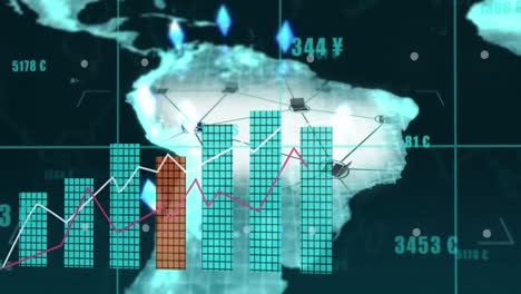 Animación-Del-Procesamiento-De-Datos-Estadísticos-A-Través-De-La-Red-Grid-Contra-El-Mapa-Mundial-Sobre-Fondo-Azul