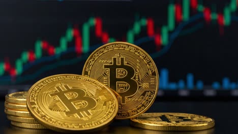 a glimpse into cryptocurrency trading: an intriguing display of bitcoin coins with rising trend analysis in the background