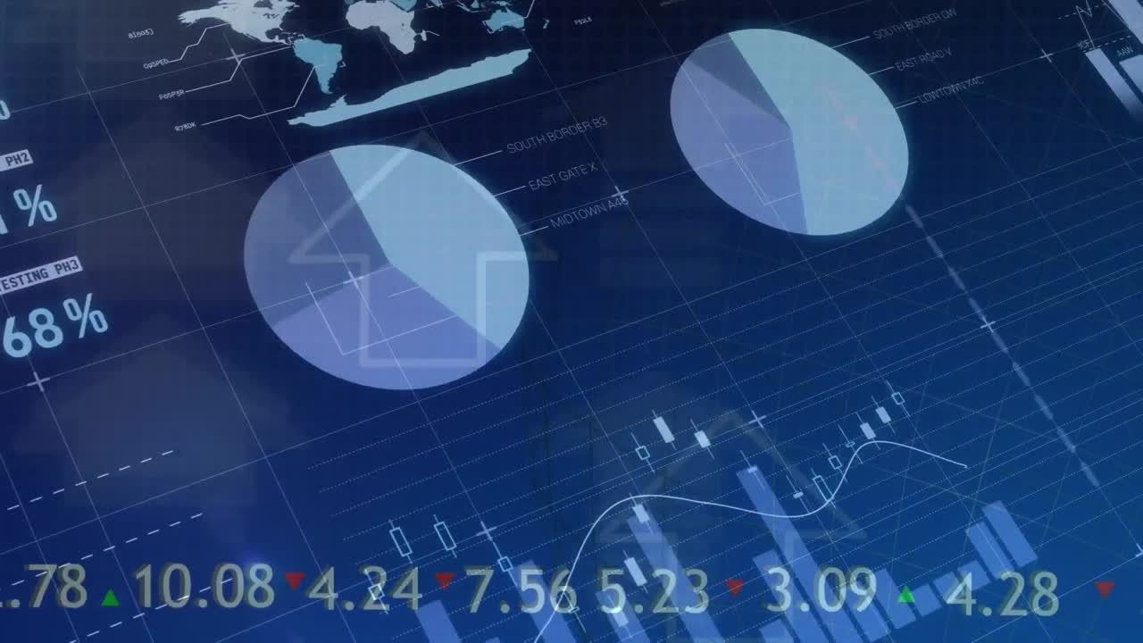 Animation of statistical data processing and arrow icons moving upwards against blue background