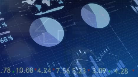 animation of statistical data processing and arrow icons moving upwards against blue background