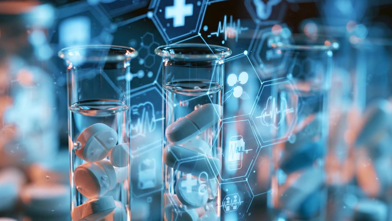Transparent laboratory vials and glass containers arranged under blue lighting