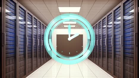 Animation-of-moving-clock-over-server-room