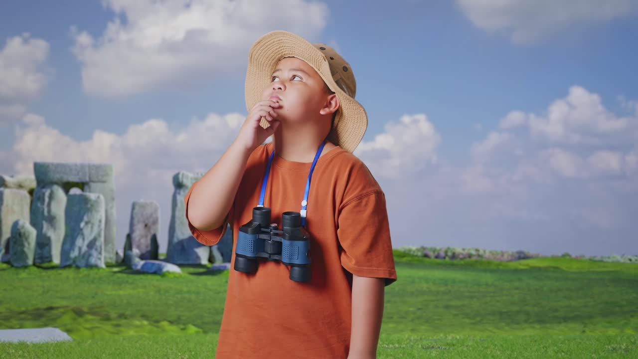 Asian Boy With A Hat And Binoculars Thinking About Something And Looking Around While Traveling In Stonehenge. Boy Researcher, Travel Tourism Adventure Concept