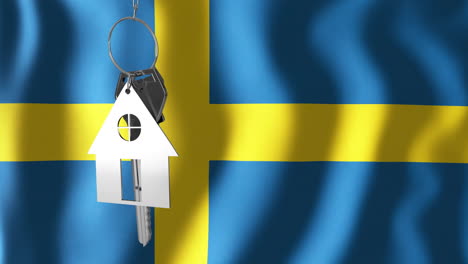 Animation of silver house key over waving flag of sweden