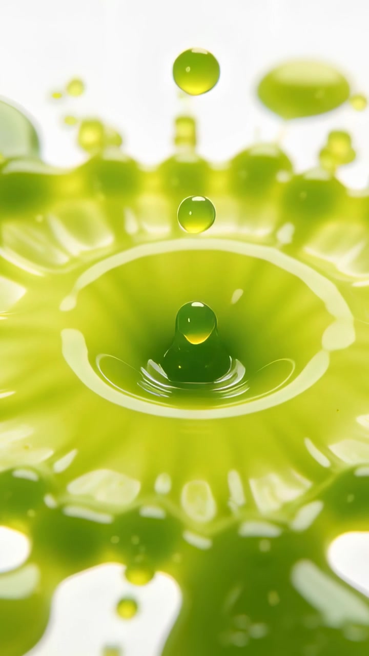 Vertical video: Falling green droplet striking glossy pool in macro setup, producing jet and crown