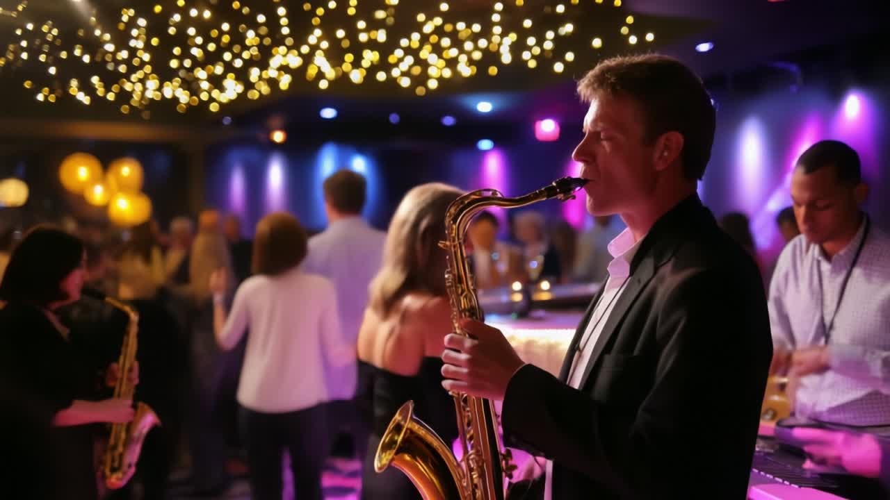 A lively evening at a vibrant social event where a talented saxophonist captivates the audience with smooth melodies under sparkling lights, creating an unforgettable atmosphere of joy and celebration
