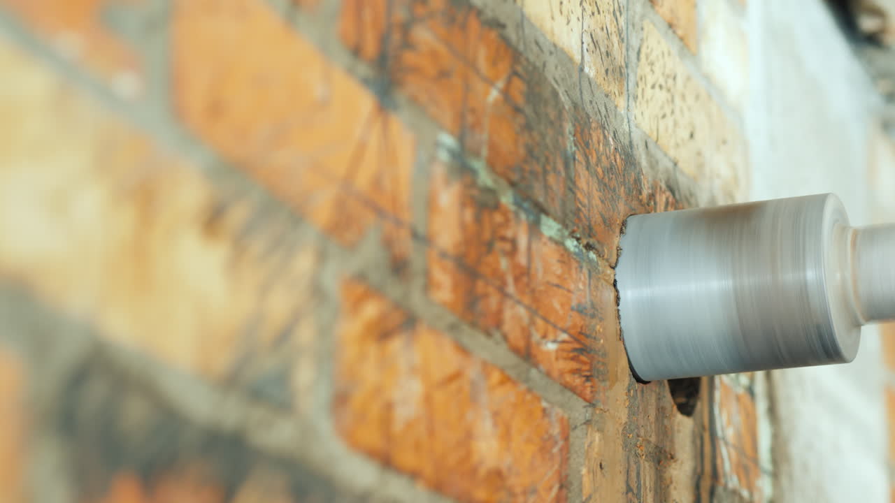 다이아몬드 팁 드릴이 벽돌 벽에 구멍을 뚫습니다.