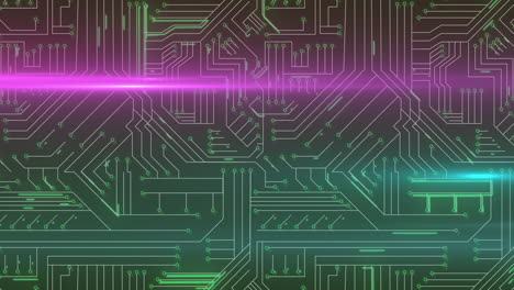 animación de rastros de luz sobre una placa de circuito de computadora sobre un fondo negro