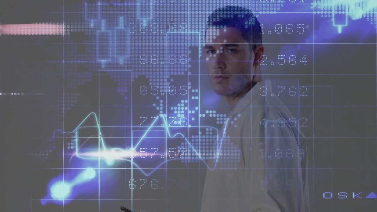Man tapping tablet showing holographic finance chart circling peak zooming trough, analyzing trends