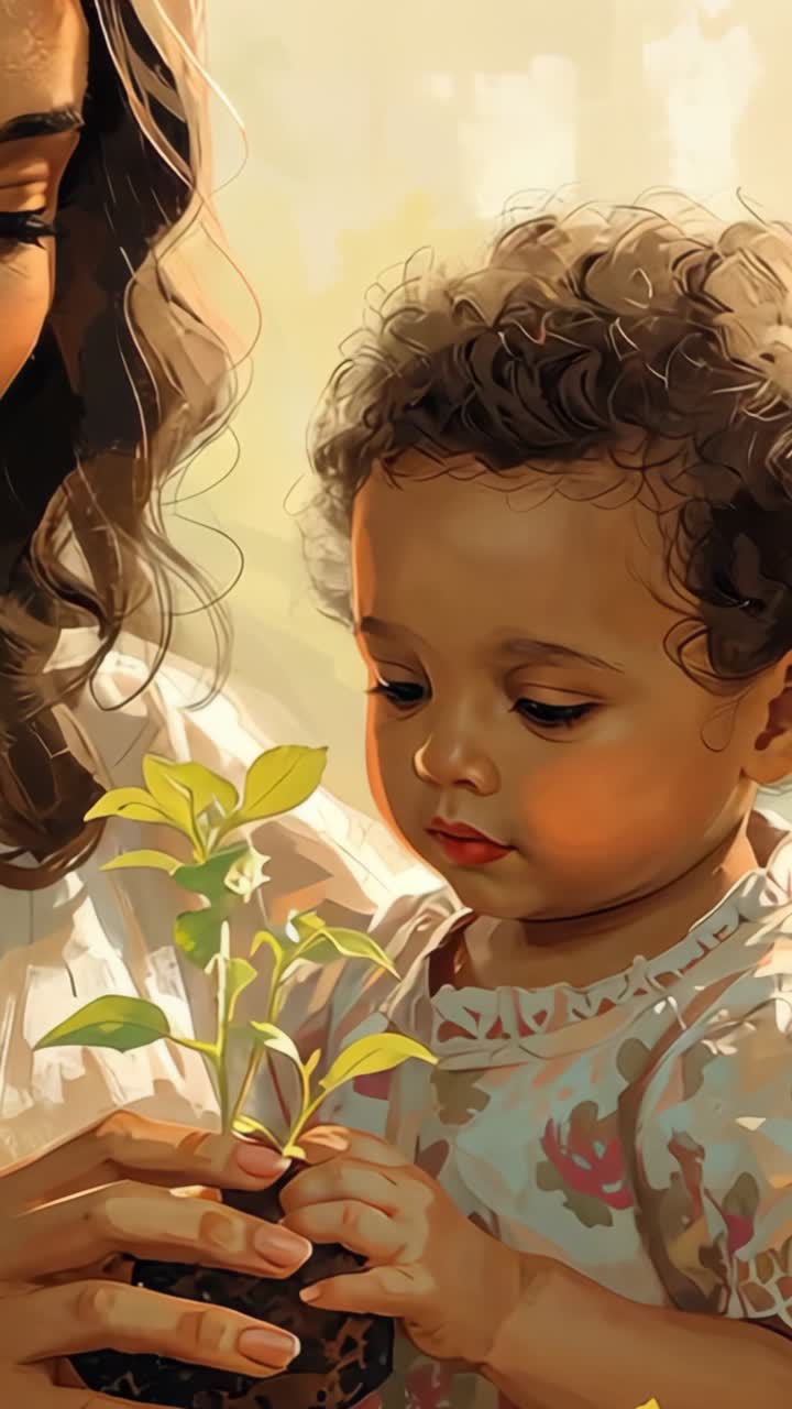 Vertical video: Offering mother in white top helping toddler touching seedling at window, to learn