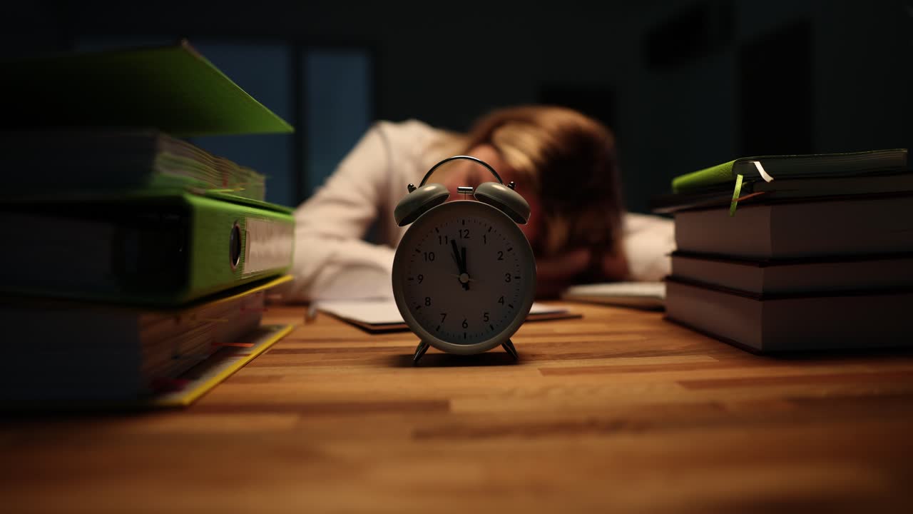 Despertador sobre el escritorio frente a un trabajador de oficina dormido.