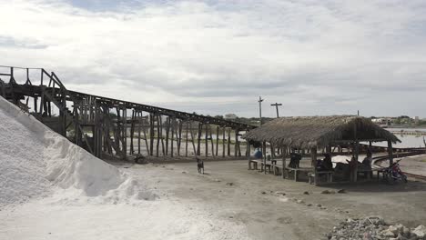 Low-angle-drone-flight-over-the-tourist-viewpoint-of-the-salt-mines-in-Salinas,-Bani