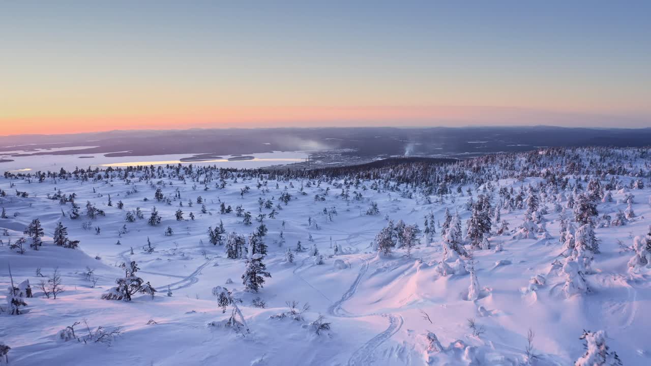 Flyfoto av en snødekt fjellside med snødekte bartrær